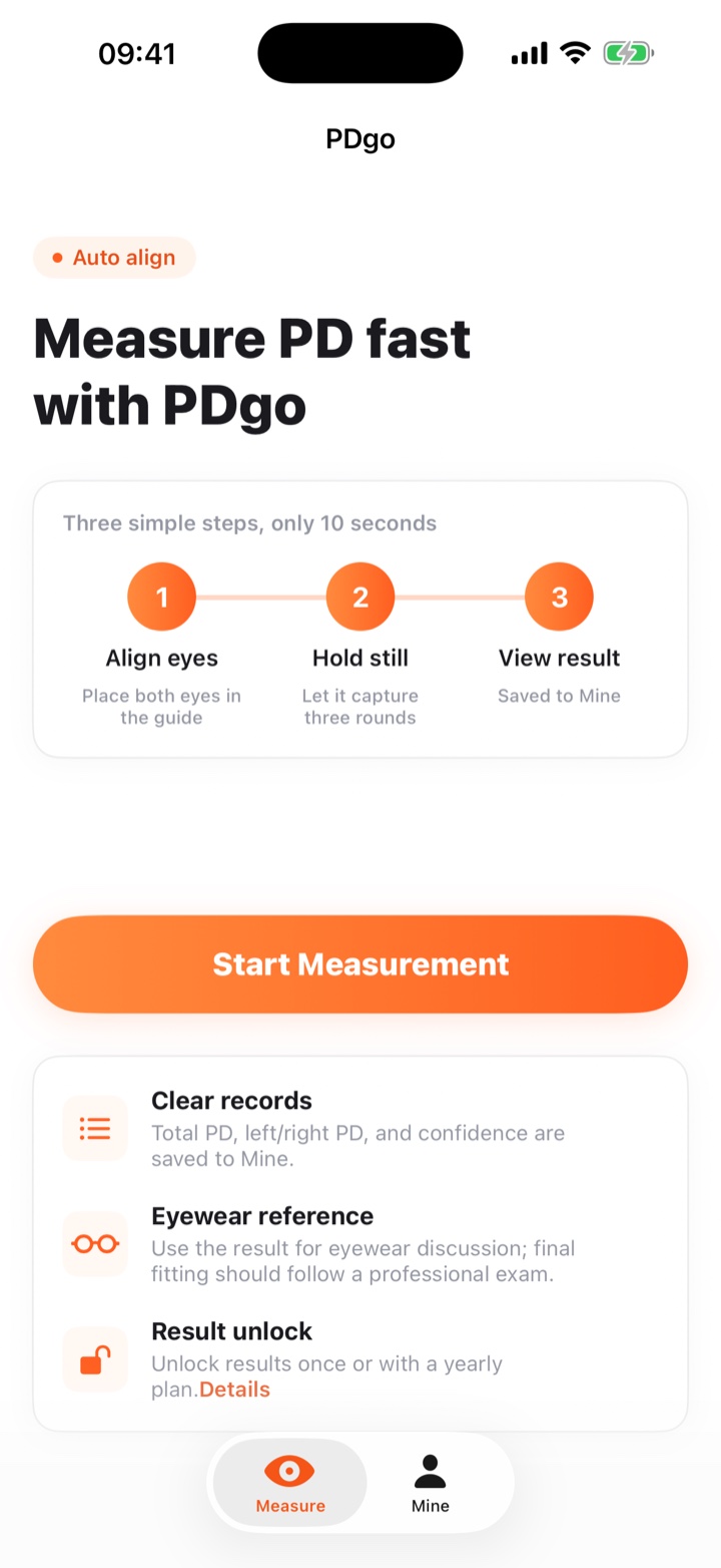 PDgo iOS app home screen showing the Start Measurement button