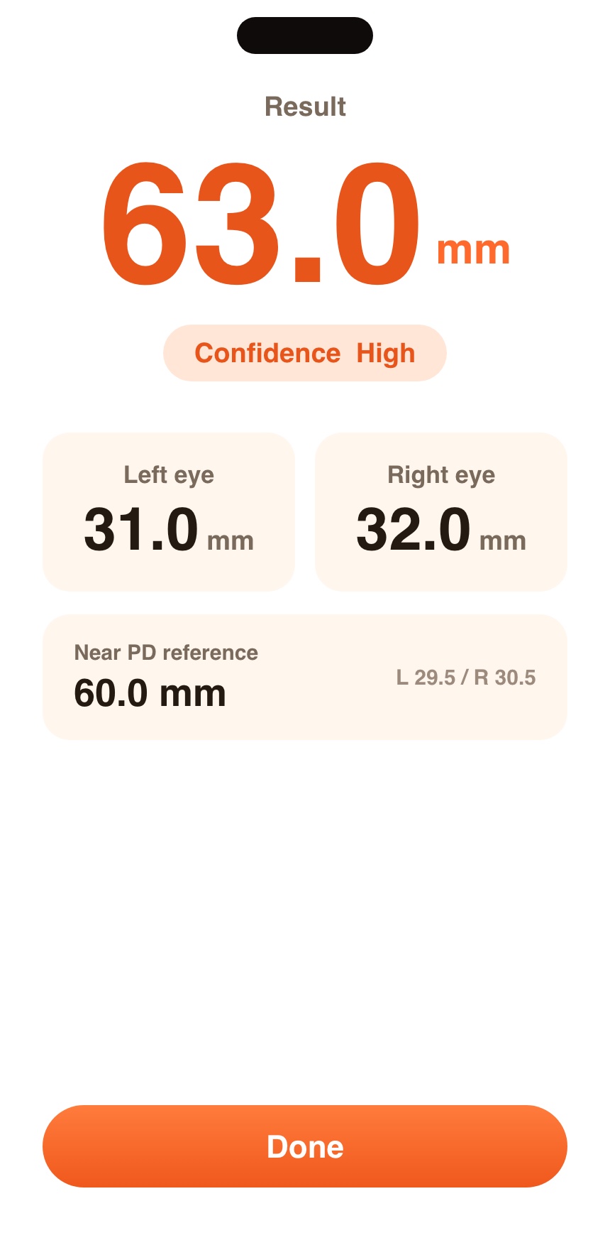 PDgo result screen showing total PD 63.0 mm with left and right eye values